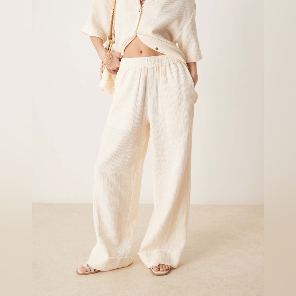 ASOS DESIGN cheesecloth pull on pants with raw edge detail in buttermilk